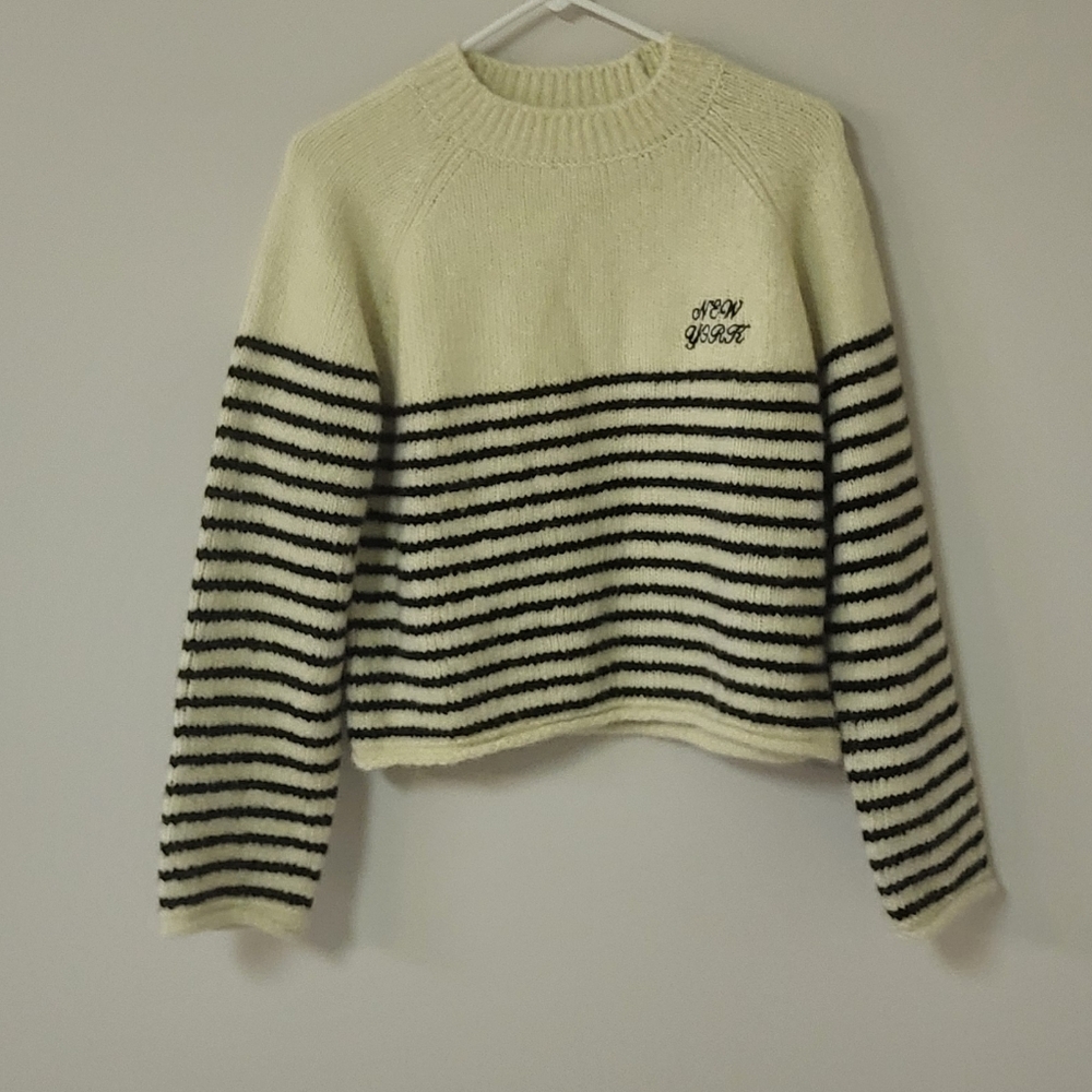 Zara Big Girls Cream and Black Striped Sweater